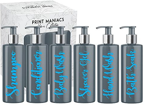 Print Maniacs Grey Mrs Hinch Inspired Personalised 500ml Pump Bottles Bathroom Lotion Kitchen Set Shampoo Conditioner Body Wash (Set 6) (Baby Blue)