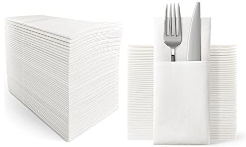 UKEENOR Disposble Dinner Napkins Cloth Like with Built-in Flatware Pocket,Wedding Party Linen Feel White Napkin, Prefolded for Silverware,Pack of 200