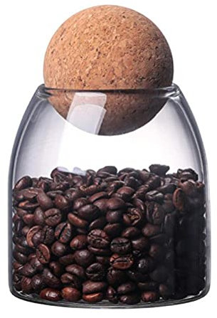 QUUPY Glass Food Storage Jar with Cork Ball 500ml Clear Glass Canister with Airtight Seal Spherical Wood Lid Kitchen Food Storage Container for Coffee Tea Cookies Candy Jar