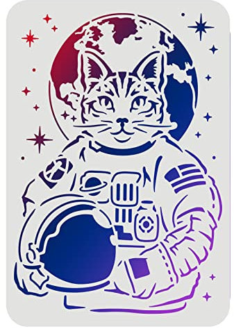 FINGERINSPIRE Katze Astronaut Schablonen 29,7x21cm Weltraum Thema Zeichnung Malerei Schablonen Katze Erde Sternenmuster Wandschablonen Schablonen zum Malen auf Holz, Boden, Wand und Fliesen