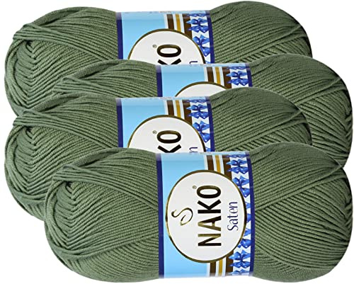 Nako Satin-Strickgarn (4 Knäuel) je Knäuel (Knäuel), 100 g, 100 % Premium-Mikro-Acryl-Satin-Strickgarn, Khaki 11253