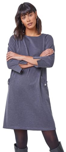 Roman Originals Button Detail Stretch Shift Dress for Women UK - Ladies Autumn Everyday Winter Holiday Round Neckline Comfy 3/4 Sleeve Soft Frock Jersey Gowns - Dark Grey - Size 18