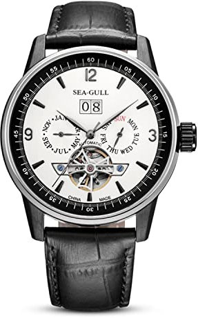 SEA-GULL Seagull Automatikuhr Skelettuhren mit Monats-Wochenkalender, Schwungrad-Uhr für Herren, 219.328, Weißes Zifferblatt/schwarzer Ring, Armband