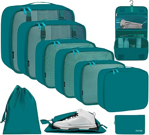 BAGAIL 10er-Set Packwürfel in verschiedenen Größen Packorganizer für Reisezubehör Handgepäckkoffer – Blaugrün