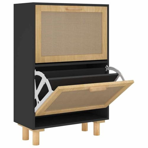 vidaXL Schuhschrank Schuhablage Schuhregal Schuhständer Schuhaufbewahrung Schuhkipper Schuhkommode Schwarz 52x25x80cm Holzwerkstoff Rattan Natur