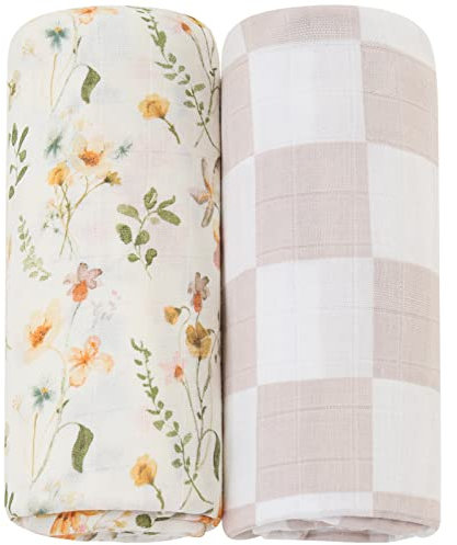 LifeTree Baby Pucktuch Musselin Tuch, 2 Stück 120x120cm Musselin Swaddle Decke Baby Bambus Baumwolle Swaddle Wrap für Junge und Mädchen, Blumen & Kariert