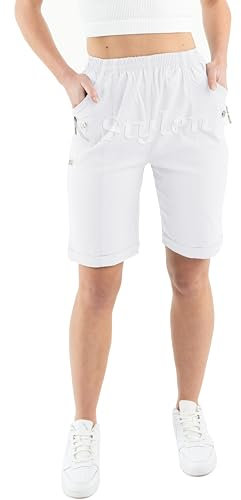 Womens Shorts with Pockets Lightweight Elasticated Summer Easy Care Ladies Travelling Pull on Comfy Lounge Shorts Plus Size (12, White)