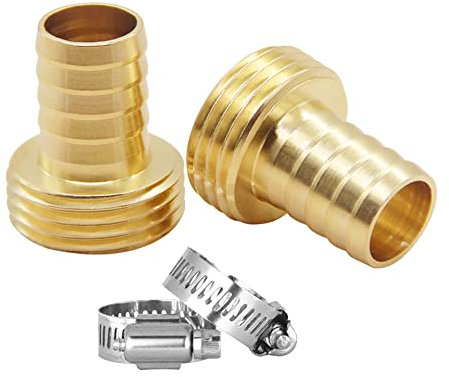 Hooshing 2 Stück massives Messing, 1,9 cm Widerhaken x 1,9 cm Außengewinde, Gartenschlauch-Reparaturanschluss, männlicher Schlauchenden, mit Edelstahl-Klemmen