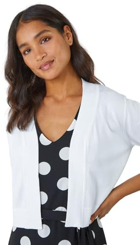 Roman Women Knitted Cropped 3/4 Length Sleeve Bow Back Shrug Bolero - Ladies Evening Wedding Guest Boleros Shrugs Cropped Lightweight Jackets Cardigan Clothing - Ghost White - Size 16