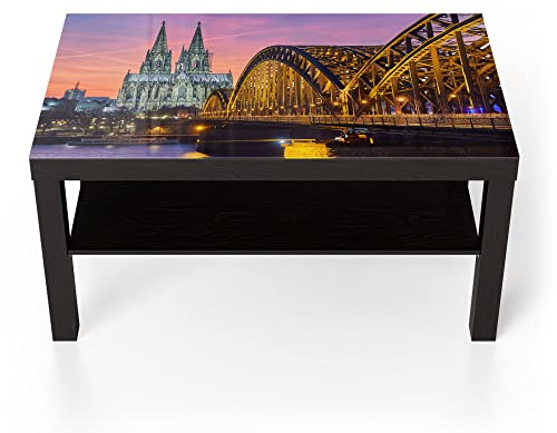 DEQORI Glastisch | schwarz groß 90x50 cm | Motiv Kölner Wahrzeichen abends | ausgefallener Beistelltisch aus Glas | Hochglanz Couchtisch fürs Wohnzimmer | moderner Couch Tisch mit Design
