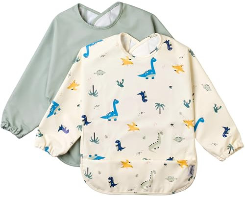 BABATÉ Kids - Lätzchen mit Ärmeln, Ärmellätzchen baby, Wasserdichtes Baby Lätzchen, Ganzkörper lätzchen baby, Latz mit ärmel baby, abwaschbare lätzchen baby, Lätzchen mit Ärmel (Grüne Dinosaurier)