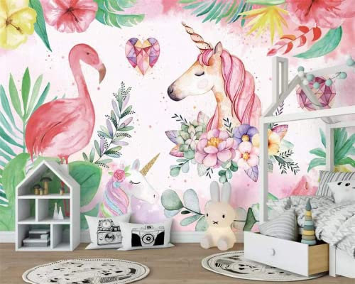 Papier Peint Panoramique Fleurs Roses Licornes Flamants Roses Papier Peint Intissé 3D Tapisserie Poster Decoration Murale Chambre Salon