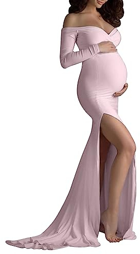 LAEMILIA Robe de Grossesse Rose S-M-L-XL Taille Unique Coton Unie Col V Sirène Manche Longue Taille Normale Occasion Fête Prénatale Mariage Formel Femme Enceinte