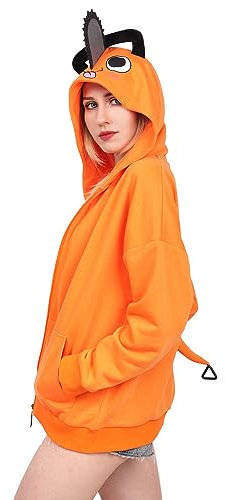 C-ZOFEK Chainsaw Man Denji Pochita Cosplay Hoodie, Women's US Size Sweatshirt with Pockets, Orange, S