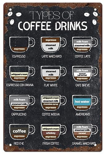 SUPERDANT Menú de Café Carteles de Chapa de Metal Tipos Vintage de Cartel de Café Arte Decoración de Pared Rústica Carteles de Café para Barra de Café Placa Bebidas Cartel de Metal 30x20CM