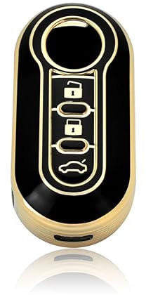 Cover Guscio Chiave TPU Lucida Compatibile Con Fiat 500 500L Grande Punto EVO Panda Bravo Lancia Delta Ypsilon Musa Silicone 3 Tasti Custodia Protezione Telecomando Auto Dorato (Nero - Oro)