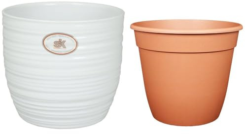 Lot – SK Soendgen Bergamo Pot de fleurs en céramique Blanc brillant Diamètre 24 cm + Pot de fleurs Ø 22 cm Ambiance de qualité supérieure