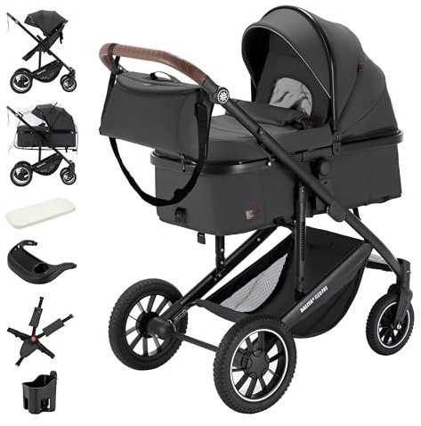 Daliya® FLEXI-PRO Kombikinderwagen & Buggy |Vielseitig, Leichter Reisekinderwagen, Umstellbar zum Sportwagen | Großer Einkaufskorb, Sicher & Komfortabel | Kinderwagen (2in1, Dunkelgrau Leinen)