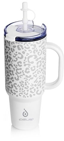 Ideus Isolierbecher mit Griff 40oz (1,200ml), doppelwandige Mehrweg-Kaffeetasse aus Edelstahl, Reisebecher mit auslaufsicherer Abdeckung und Stroh, BPA-frei Heiß und Kalt Halten (Leopard Weiss)