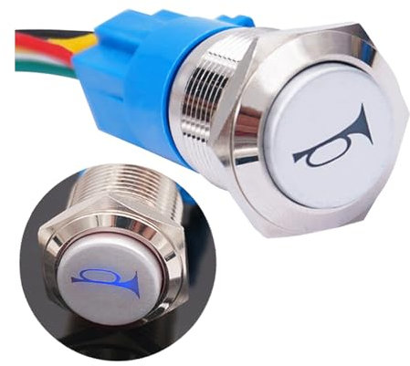 CGEAMDY Momentané Klaxon Bouton Poussoir, Klaxon Bouton Poussoir Interrupteur, Etanche Métal Klaxon Bouton avec Ligne de Queue, pour Voiture, Camion, Bateau, Automobile, Moto Durable(19MM)