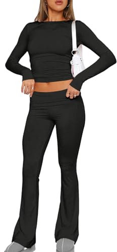 Anotherchill 2-teiliges Lounge-set Für Damen, 2 Piece Lounge Sets Lounge Wear Damen Jog-ger Anzug Langarm Crop Top Und Umklappbare Damen Yoga Schlaghose Lounge Sweatsuits Set