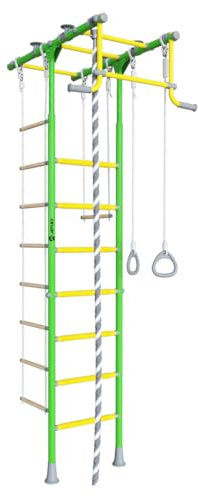 JEFLEX - grün/gelbe Kinder Sprossenwand mit T-förmigem Rahmen/Kindersportkomplex für Fitness & Spaß im Kinderzimmer/Stabil, platzsparend & einfach zu montieren/inkl. Kletterwand Zubehör