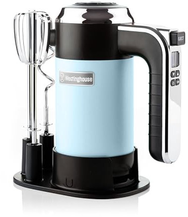 Westinghouse Mixeur plongeant Retro - 6 vitesses + fonction turbo - Fouets et crochets pétrisseurs - Avec support de rangement - 350 W - Bleu