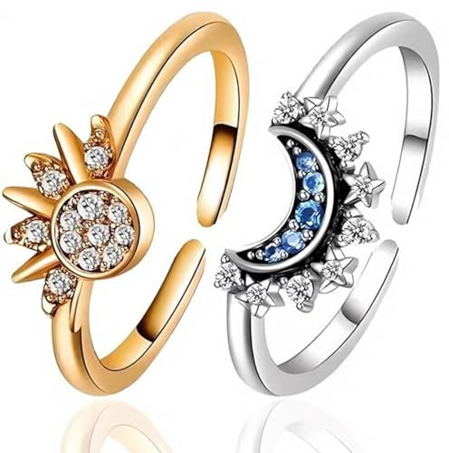 LuLiyLdJ Freundschaftsringe, Sonne Mond Set Gold Silber, Himmlische Matching Ringe für Frauen, Sun and Moon Damenring Schmuck Geschenk, 2 Stück