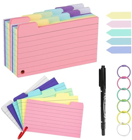 300 Stück Linierte Karteikarten,Flash Cards Vokabelkarten,Lernkarten Moderationskarten Cards,Vokabelkarten Bunt mit 6 Binderinge für Unterwegs Lernen Notizen Schule Büro Zuhause,127 x 80mm