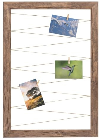 CLAMARO Neo Collage Bilderrahmen mit Fotoleine, 40x60 cm, Eiche Dunkelbraun | 20 Holzklammern, Jutekordel, MDF-Rahmen 38 mm breit, Metall-Wandhalterung, ideal als Fotocollage oder Galeriewand