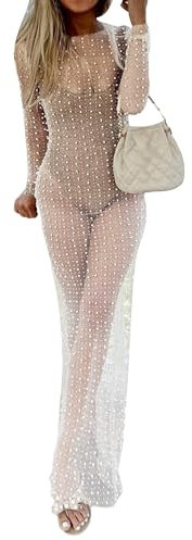 YILEEGOO Sexy Women's Sheer Mesh Pearl Rhinestone Cover Up Dress Beach Swimwear Bikini Bathing Suit Cover Ups (Cold White, L)