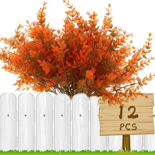 HBell 12Pcs Autumn Artificial Plants,Outdoors Artificial Fall Plants,UV-Resistant Shrubs Plants Autumn Plastic Shrubs for Fall Home Garden Porch Decoration Thanksgiving Halloween Decor (Autumn green)
