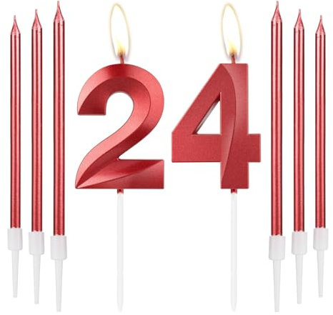 mciskin Red 24 Birthday Candles-3D Design Number 24 Candle for Cake with 6pcs Long/Thin Candles Set, Red Cake Topper for Girl 24th Birthday Decorations Supplies,24th Wedding Anniversary Decorations