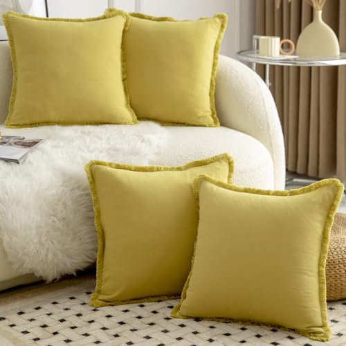 Mandioo 4er Set Neutralen Baumwolle Kissenbezug 40x40cm Herbst Quasten Dekorative Kissenbezüge Boho Sofakissen Dekokissen Kissenhülle für Couch Sofa Schlafzimmer Wohnzimmer Senfgelb