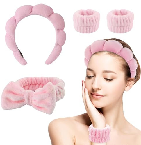 Yeomju 4 Stück Schwamm Stirnband und Armband Sets - Bowknot Elastic Kopfband Zum Waschen Von Gesicht, Make-up, Spa, Yoga, Sport, Dusche - Cosmetic Stirnband
