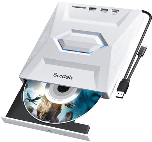 SUIDEK Unidad externa de CD y DVD para laptop, 5 en 1, ultra delgada, portátil, USB-C CD+/-RW, reproductor de DVD para laptop con lector de tarjetas SD, USB 3.0 tipo C, hub para computadora de