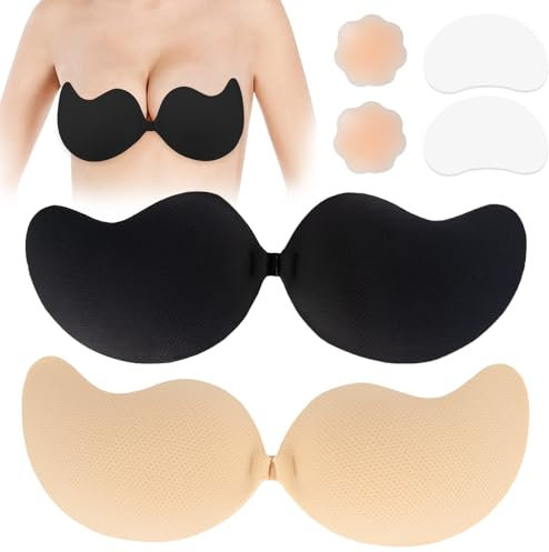 Taichaeu Stick On Bra Invisible Bra for Women, Adhesive Bra Push Up Backless Invisible Bra with 2 Silicone Nipple Covers for Party, Bar, Wedding, Daily Wearing (UK, Cup & Band, C, Beige + Black)