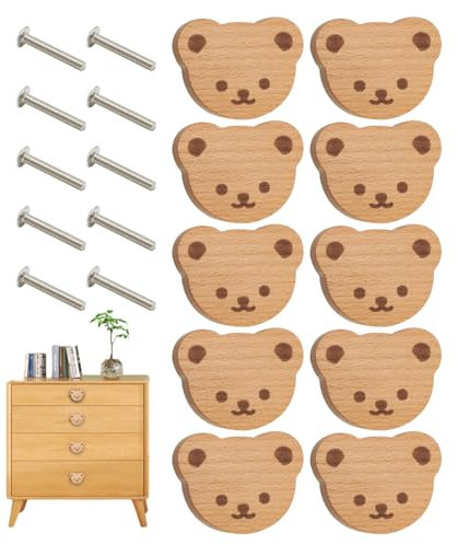 Kaxenig Poignées De Tiroir, Poignée De Commode Ours, Lot De 10 Boutons D'armoire En Bois Animaux Avec Vis, Pour Chambre D'enfant, Commode, Tiroir, Placard