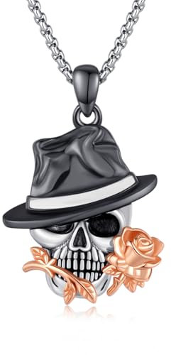 OHAYOO Totenkopf Kette Herren 925 Silber Totenkopf Anhänger Rose Halskette Skelett Schmuck für Damen Herren Männer