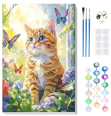 MOGTAA Malen Nach Zahlen Erwachsene mit Rahmen, Malen Nach Zahlen Katze Tiere, DIY Schmetterling Ölgemälde Leinwand Set Acrylic Malerei Bilder für Home Dekor, 20x30cm