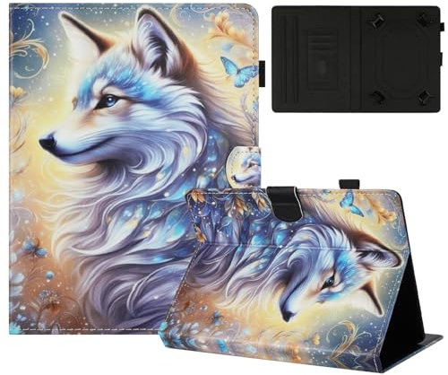 TEDTIKJT Coque pour Tablette Universel 7 Coque Housse PU Cuir Flip Support Protection Peint Motif étuis pour Universel 7 Coque,Le Loup Blanc