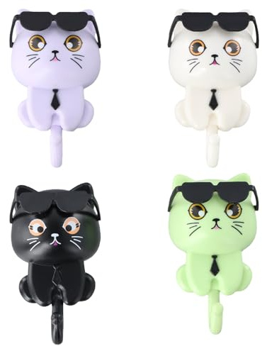Lot de 4 Crochets Muraux Autocollants Décoratifs en Forme de Chat, Cute Wall Decorative Key Hook, Crochet Adhesif Mural, Animal Wall Hooks, Petit Crochet Adhesif Mural, pour Salle de Bain, Cuisine