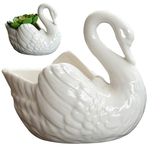 Muzrunq Schwan-Pflanzer, niedliche Elegante, schwanförmige Sukkulentenpflanztöpfe, einfache Keramiktöpfe für Pflanzen, dekorativen Blumentopf für Zuhause, Büro, Weiß
