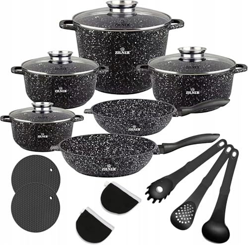 ZILNER Kochtopf Set – Induktionsgeeignete Marmor-Keramik Töpfe & Pfannen – Inklusive 10L Suppentopf & Antihaftbeschichtung (Schwarz SET 17 teilig)