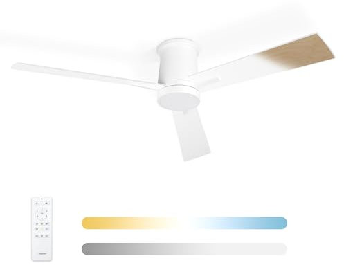 Noaton Ventilatore da Soffitto con Luce e Telecomando, LED Dimmerabile 22,9 W, 3 Temperature di Colore, 3 Pale Bianco/Legno Naturale, Timer, con Motore DC 35 W, 6 Velocità, Ø132 cm, Silenzioso
