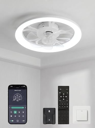 QcuGvy 45cm Ceiling Fans with Lights and Remote 6 Speeds and 3000K-6500K Dimmable Quiet Ceiling Fan Light, Smart Modern LED Fan Lights Ceiling for Bedroom Living Room Dining Room (White)