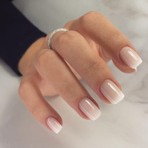 Short Square Press on Nails,White Gradient Press On Nails,12 Sizes Fake Nails French Tip Fake Nails with Glue,Elegant Reusable Artificial Acrylic Stick on nails for Women Girls