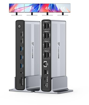 TobenONE DisplayLink Docking Station 4 Monitors, 20-in-1 Quad 4K@60Hz HDMI Display with 150W Power Supply for Thunderbolt 5/4/3, USB-C Windows,Chrome, MacBook/Mac mini(6 USB, Ethernet, SD/Micro SD)