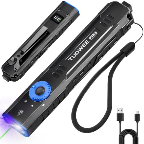 PASIION Wiederaufladbare EDC-Taschenlampe mit Weißlicht, grünem Strahl und UV-Licht, 1000 Lumen, flache kompakte LED-Lampe mit Doppelschalter, OLED-Display, wasserdicht für Alltag & Outdoor