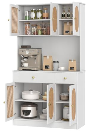 KOMFOTTEU Aparador Alto con Estación de Carga y 2 Cajones (Blanco) | Mueble de Almacenamiento con 4 Armarios de 6 Puertas, Armario Auxiliar con Estantes Ajustables para Comedor 100 x 40 x 180 cm